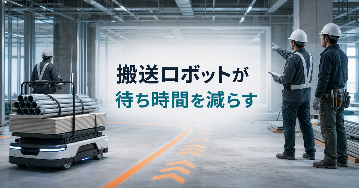 建設現場で搬送ロボットが資材を運び作業員を支援するイメージ