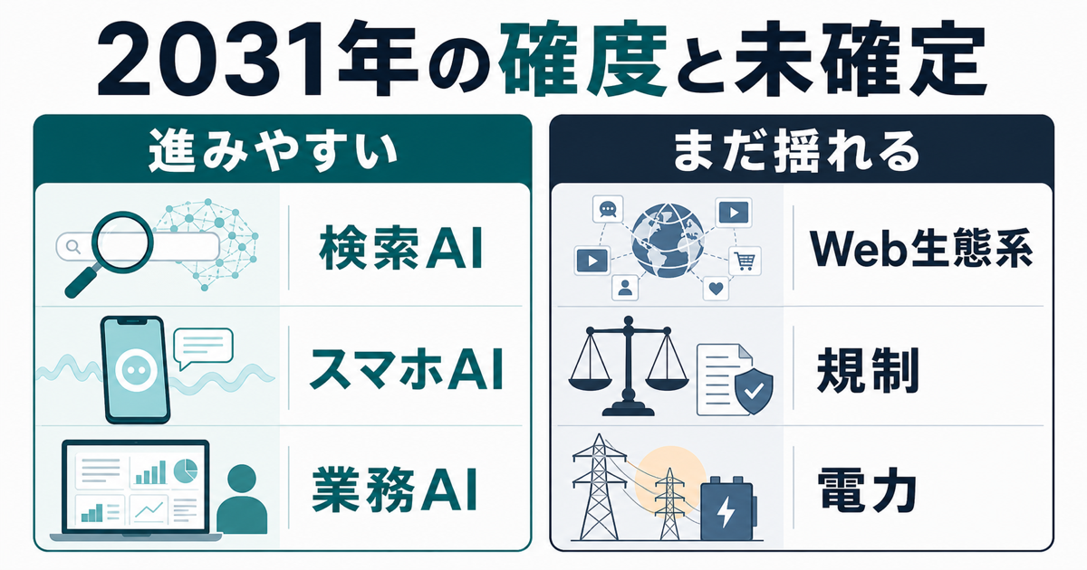 2031年の生成AIで確度の高い変化と未確定な領域を分けた図解