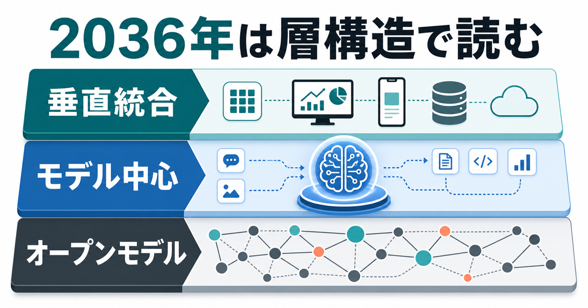 2036年の生成AIを垂直統合とモデル中心とオープンモデルの層構造で示す図解