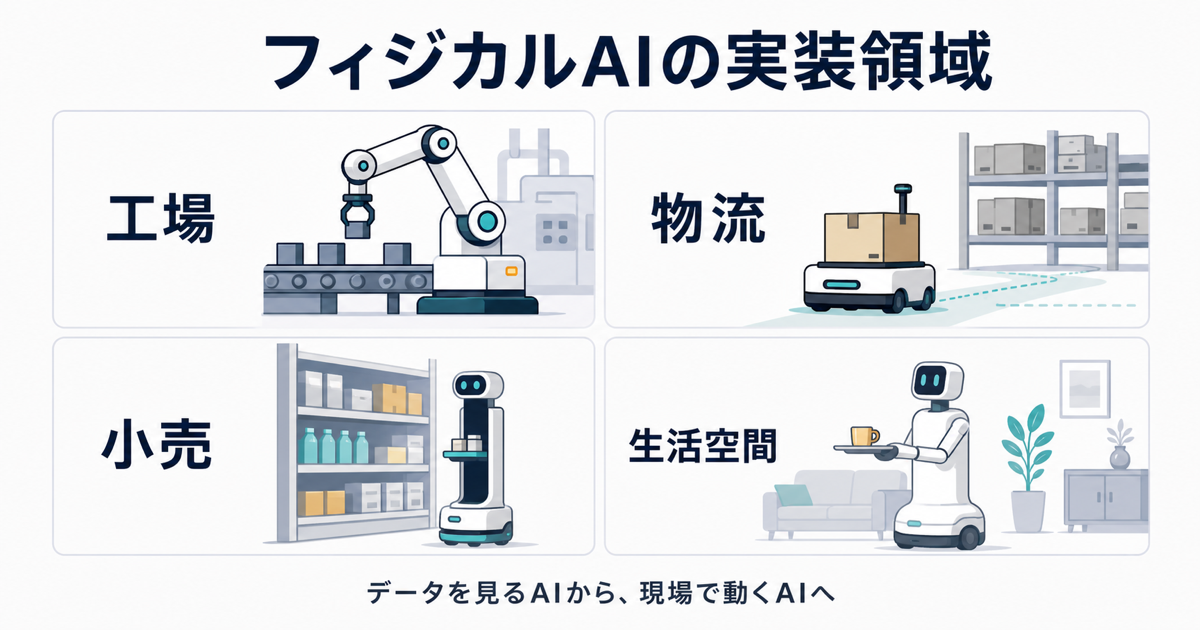 フィジカルAIの日本企業具体例を工場、物流、小売、生活空間に分けた図解