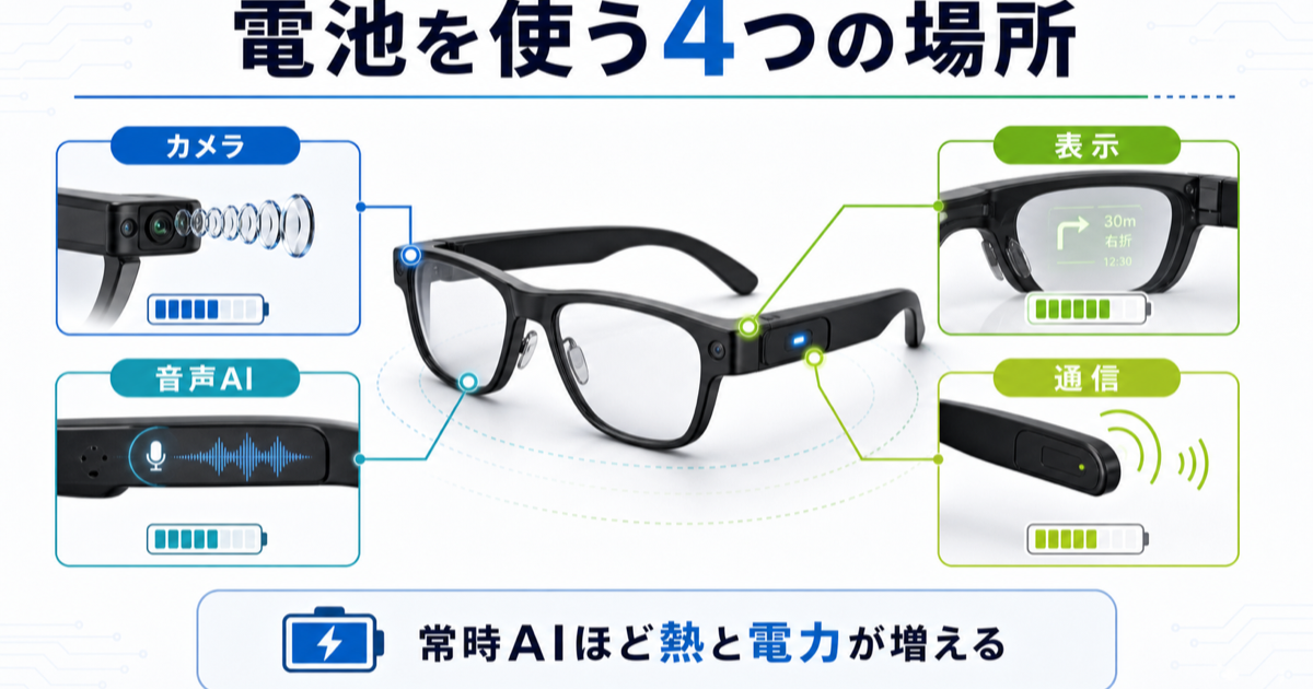 AIスマートグラスのカメラ、音声AI、表示、通信が電池を使う場所を示す図解