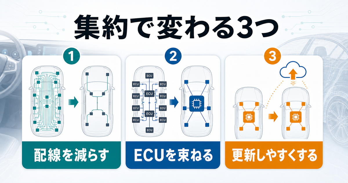 Zonal Architectureで配線削減とECU集約と更新容易化が起きることを示す資料画像