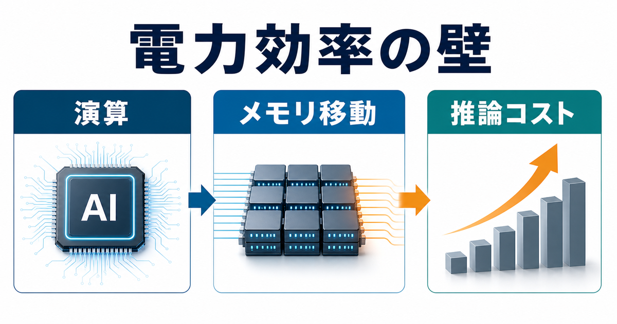 AI推論で演算とメモリ移動が電力効率の壁になることを示す図