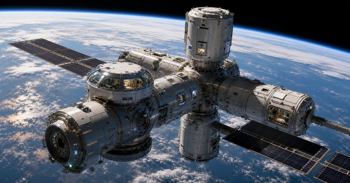 ISS後の低軌道で商業宇宙ステーションが広がるイメージ