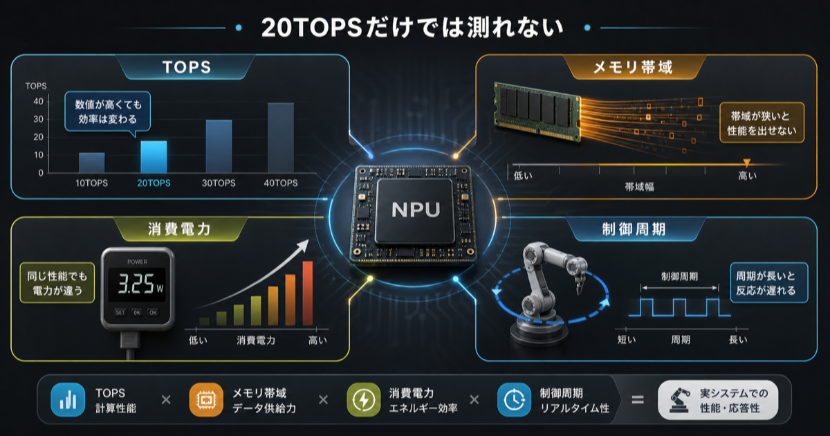 20TOPSだけでなくメモリ帯域、消費電力、制御周期を見る省電力NPUの比較図