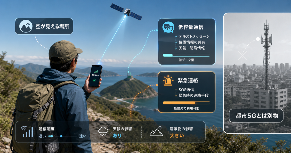 空が見える場所、低容量通信、緊急連絡、都市5Gとは別物というDirect to Cellの限界を示す図解