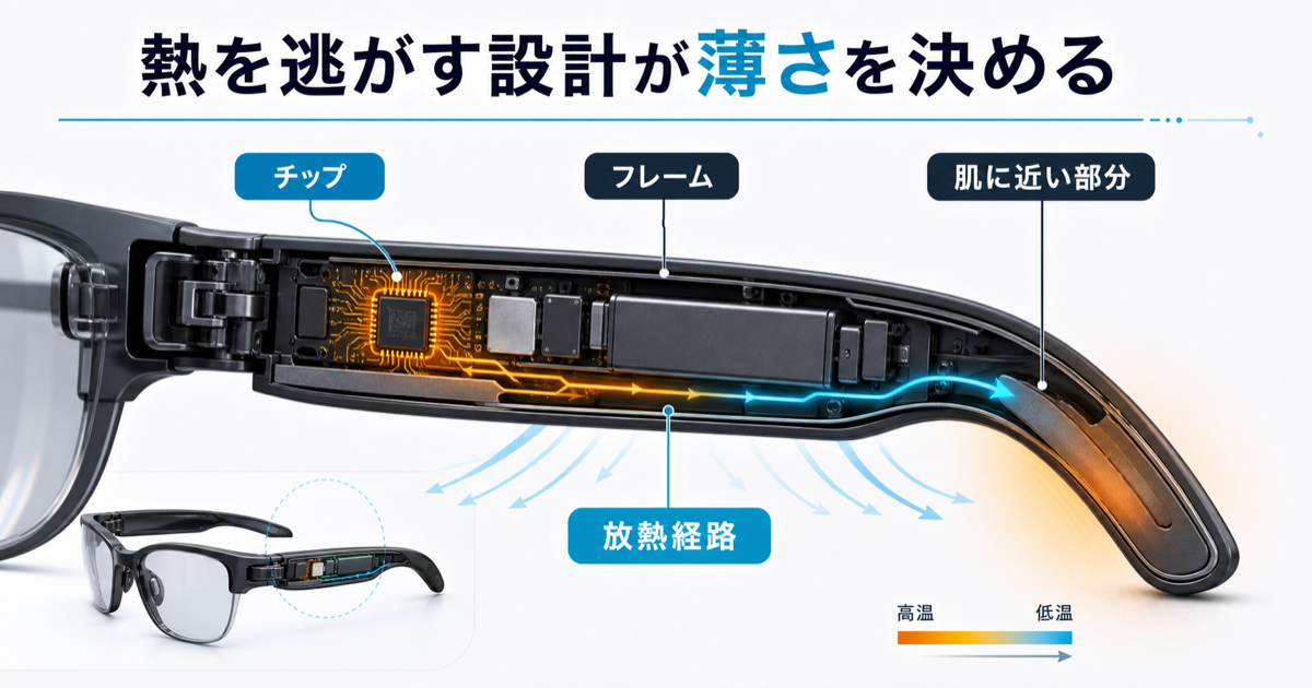 AIスマートグラスのチップ、フレーム、肌に近い部分、放熱経路を示す断面図