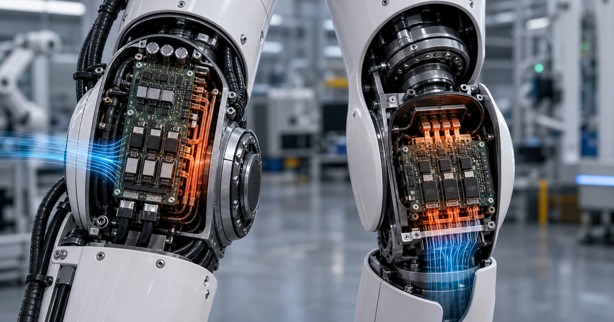 ロボット関節アクチュエータ内のモータードライブとパワー半導体を示すイメージ