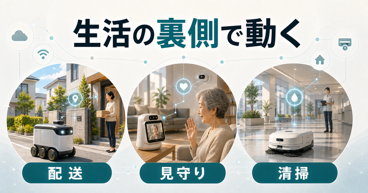 配送ロボットや見守り機器が日常生活を支える未来を示すイメージ