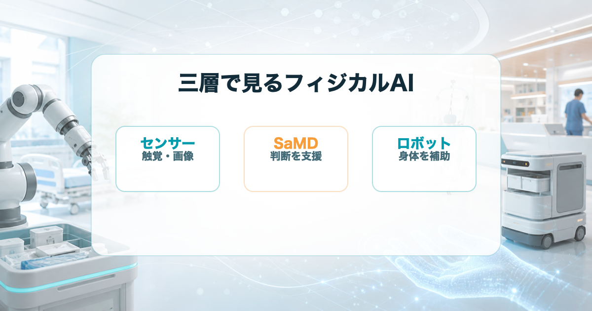 センサー、SaMD、ロボットの三層でフィジカルAI医療を整理する図解