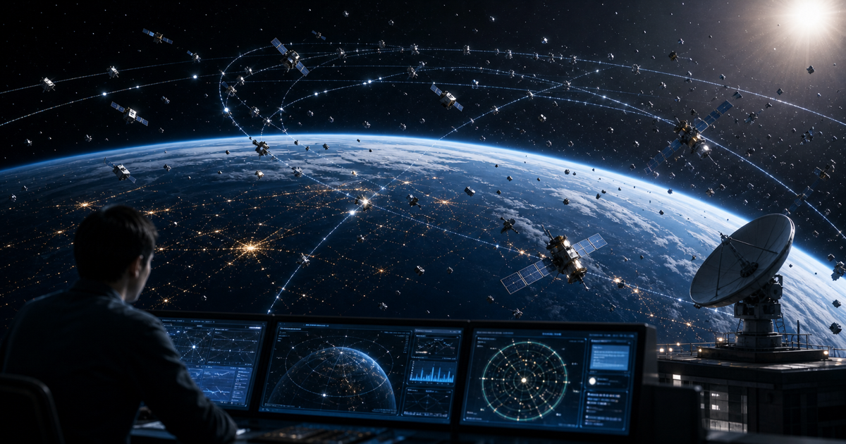 管制室で衛星軌道データを共有し宇宙交通管理を行う様子