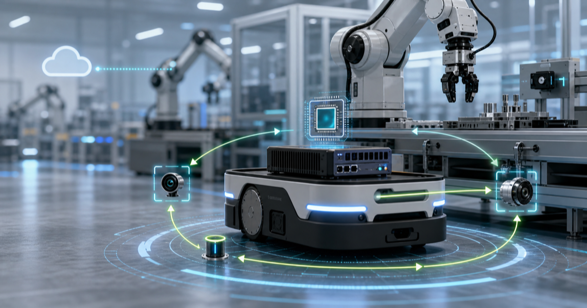 工場ロボットがローカルのエッジAIチップでセンサーとモーターを制御する様子