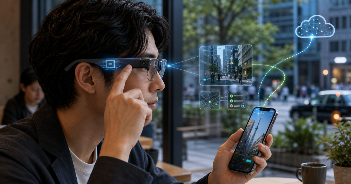 AIスマートグラス、スマホ、クラウドの処理分担を示すライフスタイル画像