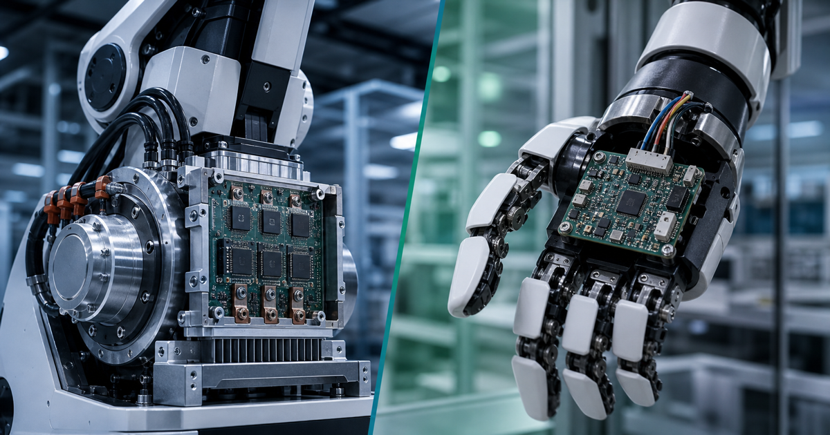 大型ロボット関節と小型指先関節でSiCとGaNの役割が異なることを示すイメージ