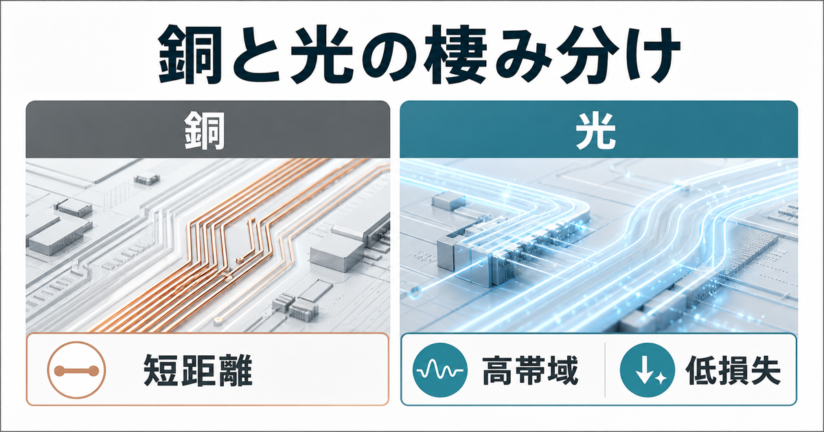銅配線と光配線の棲み分けを短距離や高帯域の観点で比較するスライド図