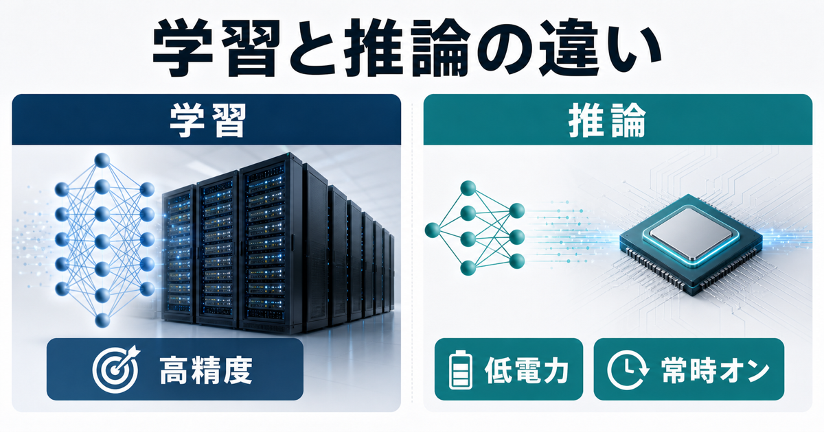 学習と推論の精度要求と低電力化の違いを比較する図