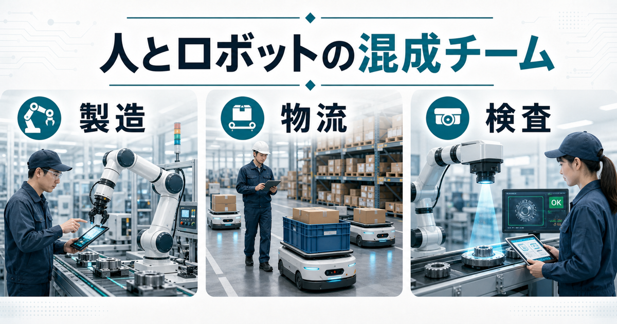 工場や物流倉庫で人とロボットが協働するフィジカルAIの図解