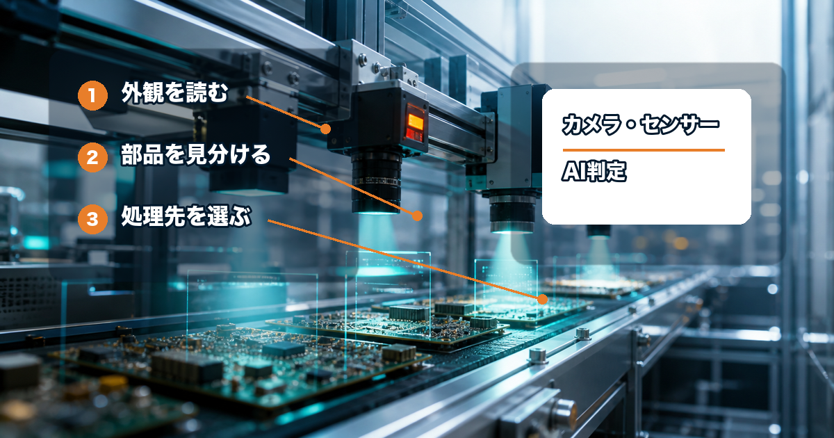 AI選別が外観と部品を読み取り処理先を判断する流れを写真で示す説明画像