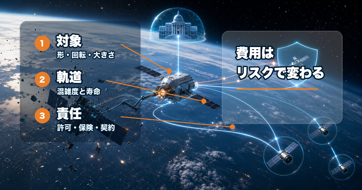 宇宙ゴミ除去サービスの費用が対象、軌道、責任で変わることを示す説明画像