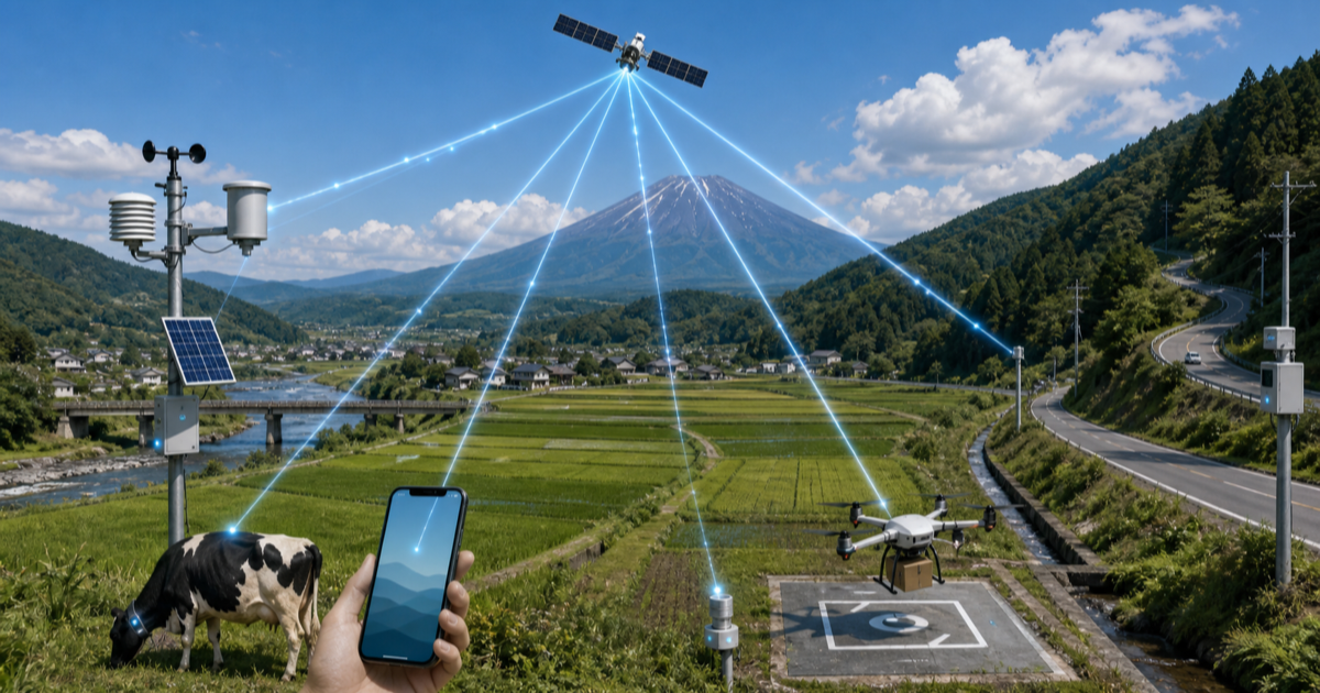 山間部や農地のIoTセンサーがStarlink衛星とつながる未来のイメージ