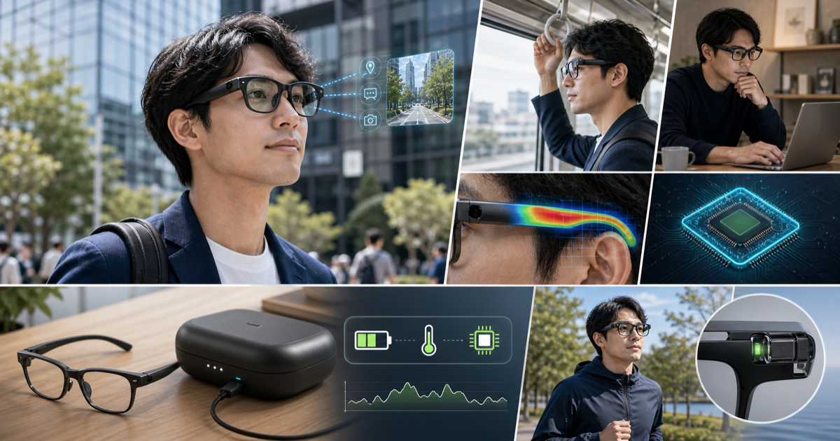 AIスマートグラスの日常利用と充電ケース、熱、低消費電力チップを示す未来像