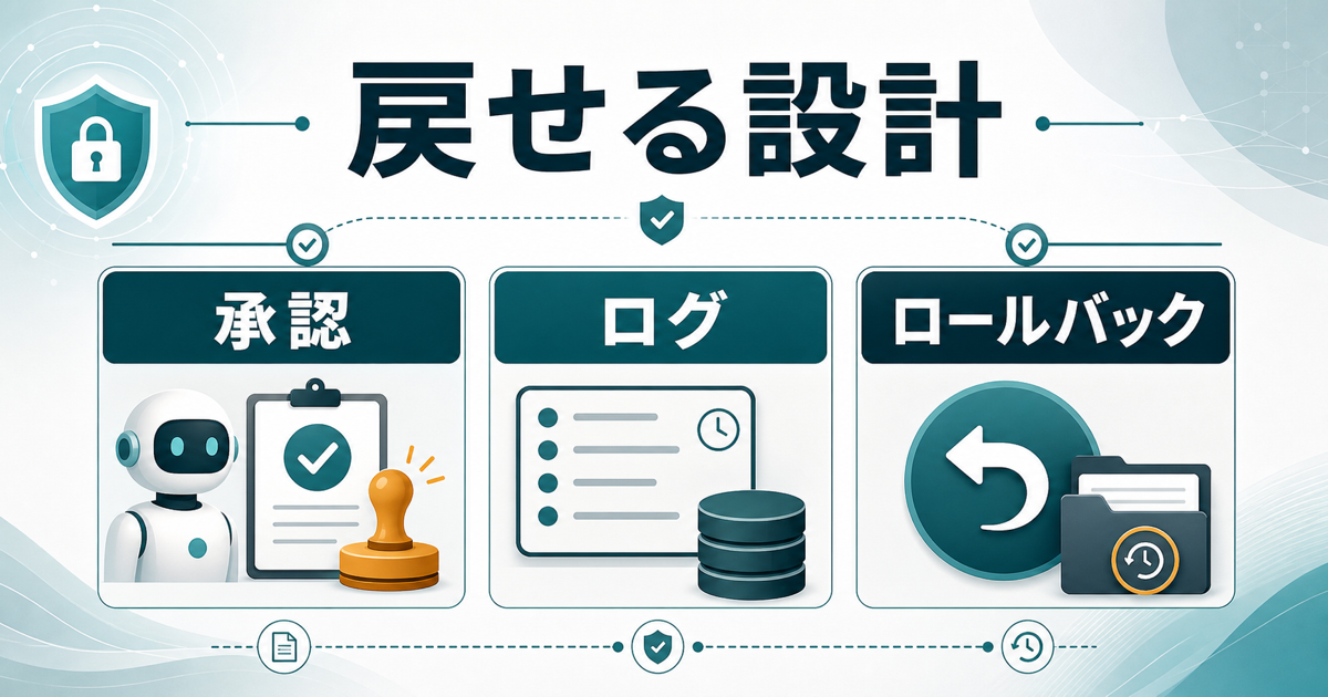 AIエージェント運用で承認、ログ、戻せる設計を示す資料画像