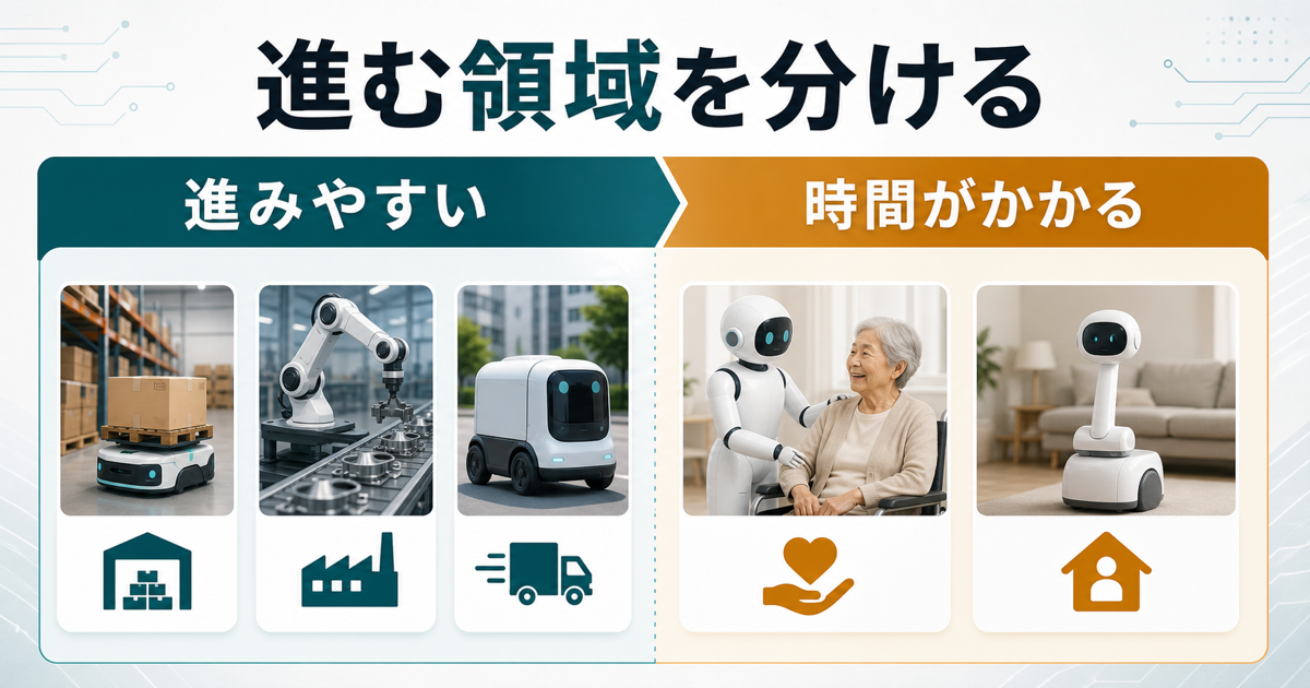 フィジカルAIの進みやすい領域と時間がかかる領域を分けるマトリクス