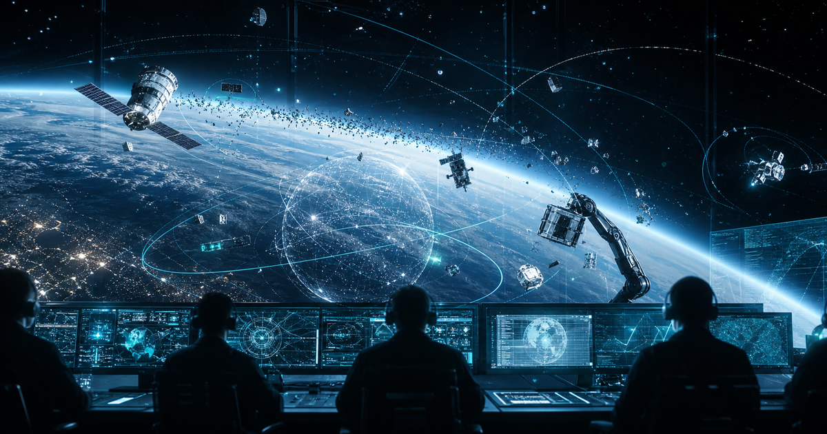 AIが宇宙ゴミの追跡と接近判断を支援する様子を写真調に示す見出し画像