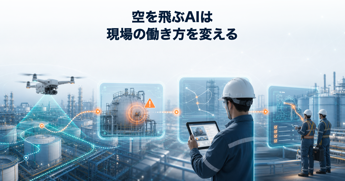 AIドローンが巡回、異常検知、報告、改善へつながるイメージ