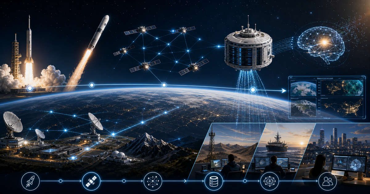 SpaceXの衛星通信網と軌道上AI推論の将来シナリオを示す画像