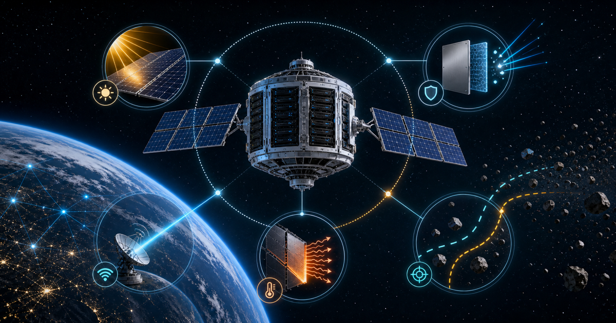 宇宙データセンターの電力、冷却、放射線、デブリ制約を示す図解