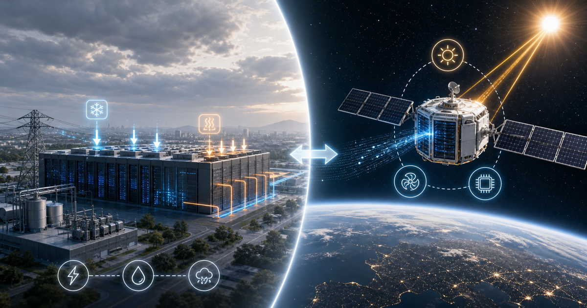 宇宙データセンターが注目される理由を地上データセンターと軌道上計算で示す画像