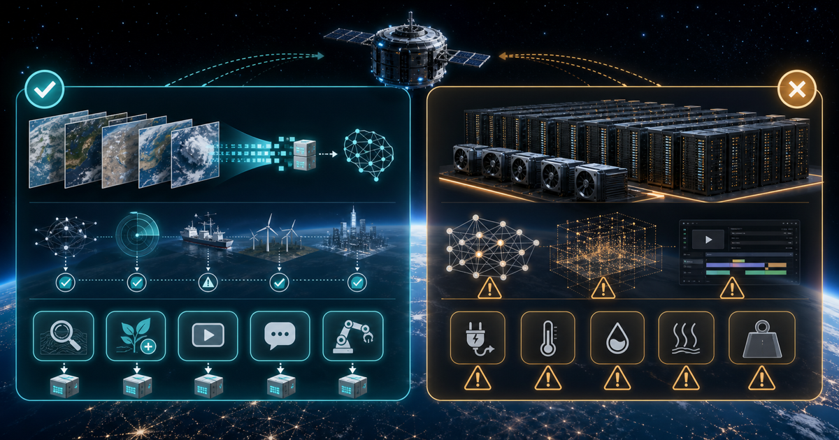 宇宙データセンターに向くAI推論と向かない大規模計算を比較する図解