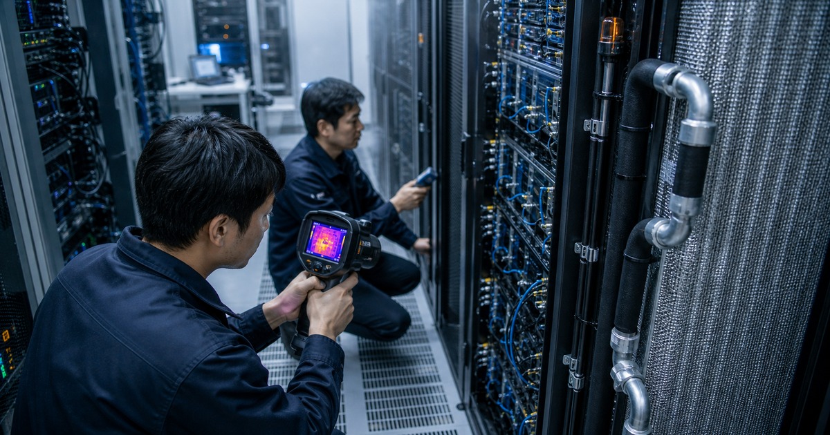 AIチップの発熱をデータセンターラックで確認する様子