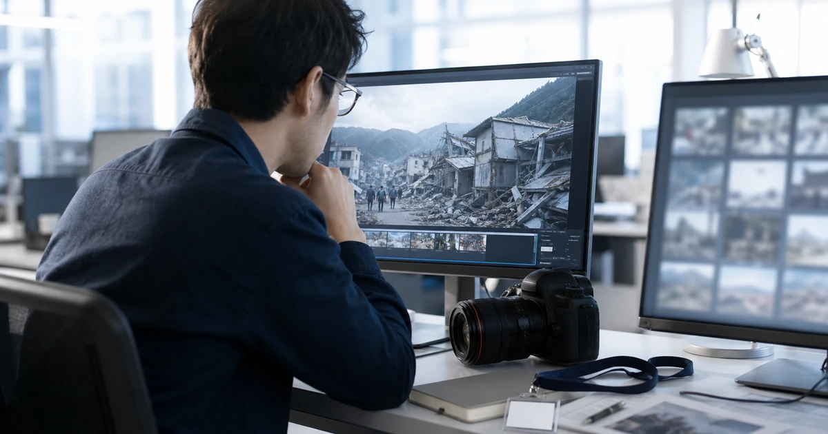 生成AIの来歴証明とコンテンツ信頼を示す写真風イメージ