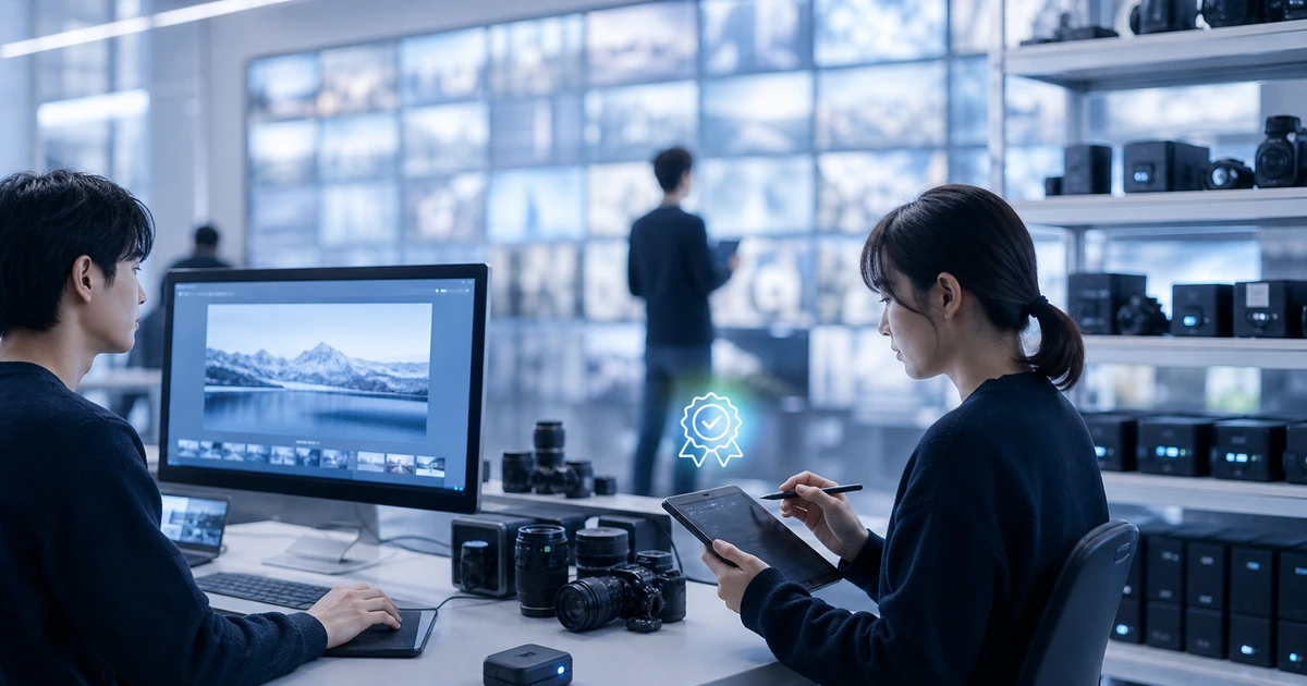 生成AIの来歴証明とコンテンツ信頼を示す写真風イメージ