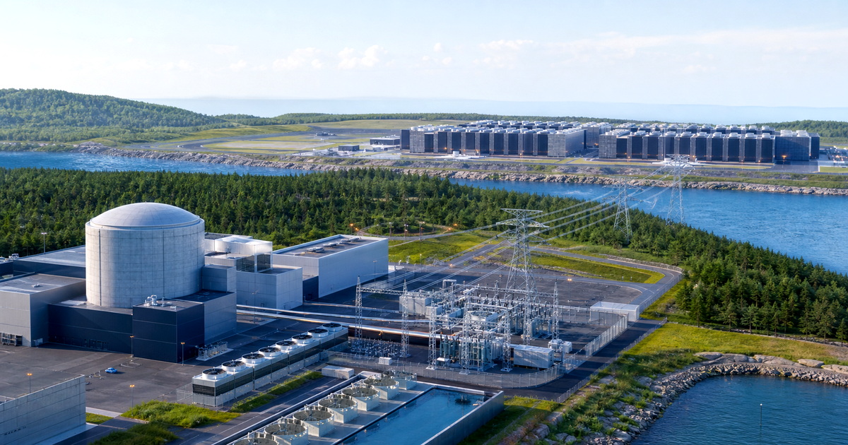 原子力発電施設とデータセンターを送電網で結ぶAIインフラの説明画像