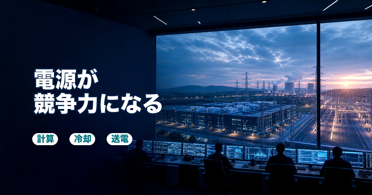 電源確保力がAI競争力になることを示すデータセンターと電力網の説明画像