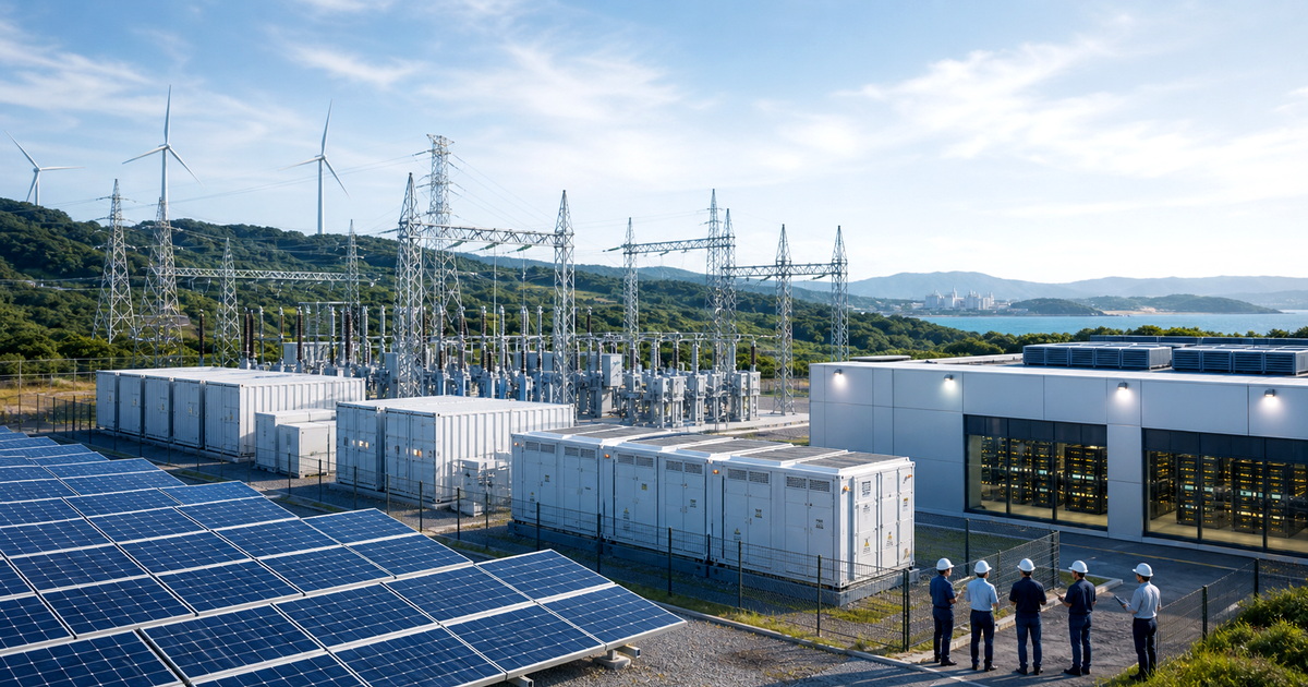太陽光、蓄電、変電設備、データセンターを組み合わせた電源設計の説明画像