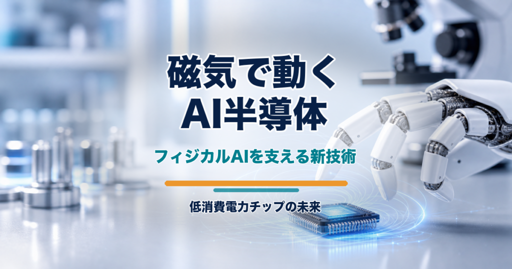 磁気で動くAI半導体とロボットハンドを写真で示すアイキャッチ画像