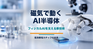 磁気で動くAI半導体とロボットハンドを写真で示すアイキャッチ画像