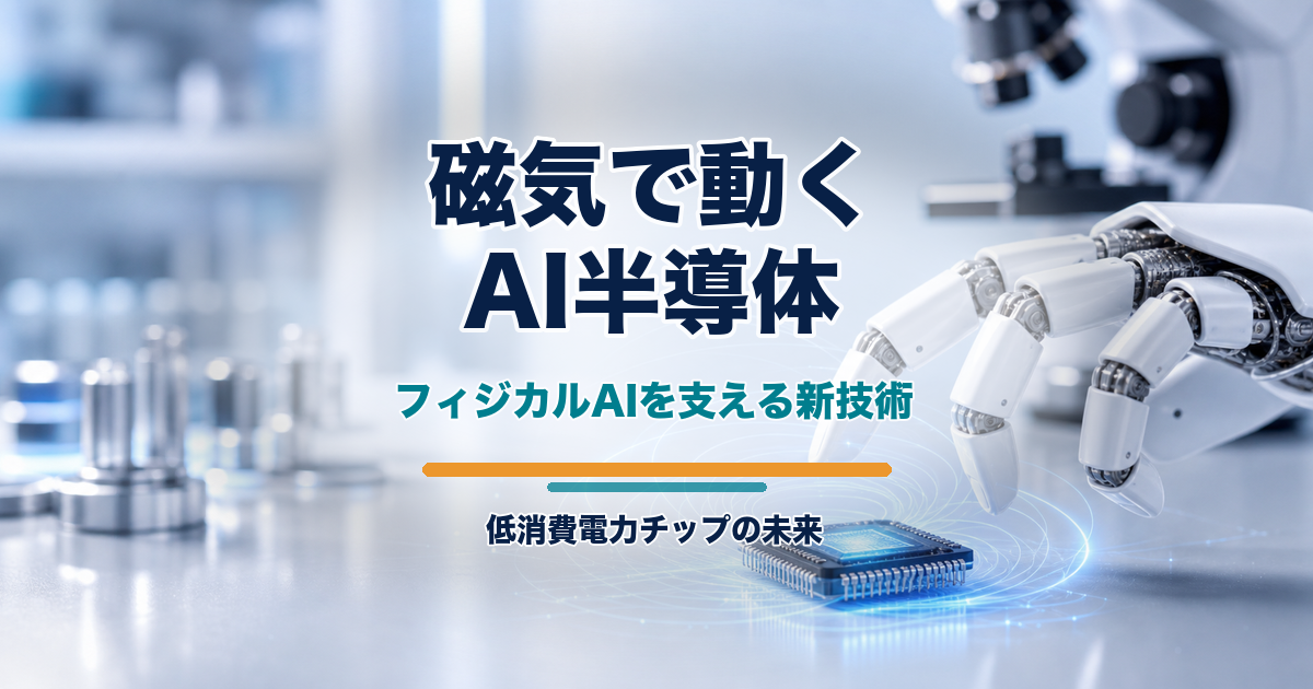 磁気で動くAI半導体とロボットハンドを写真で示すアイキャッチ画像