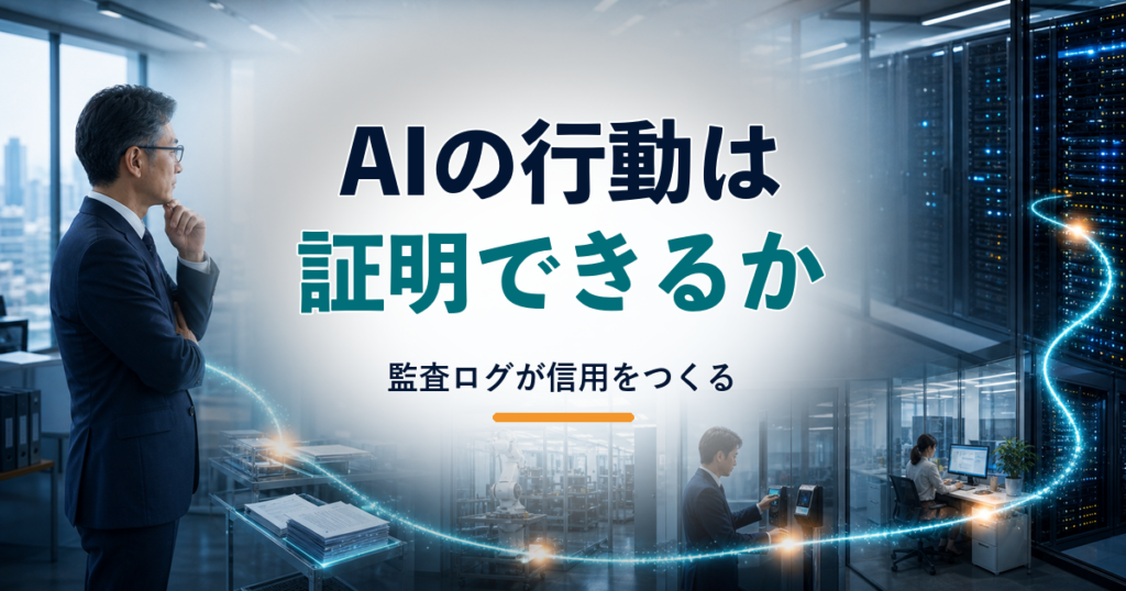 AIエージェントの行動を監査する企業担当者と、行動を説明できるかというコピーを組み合わせたアイキャッチ画像