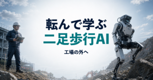 不整地を歩く二足ロボットと、転んで学ぶ二足歩行AIというコピーを組み合わせたアイキャッチ画像