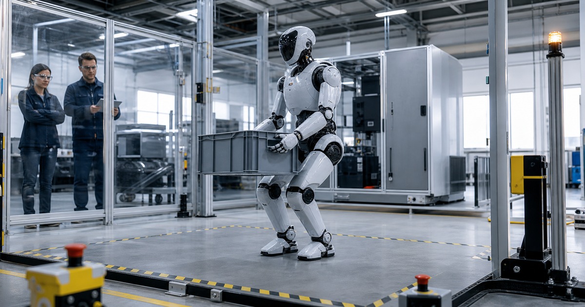 ヒューマノイドロボットの安全設計を工場の試験エリアで確認する様子