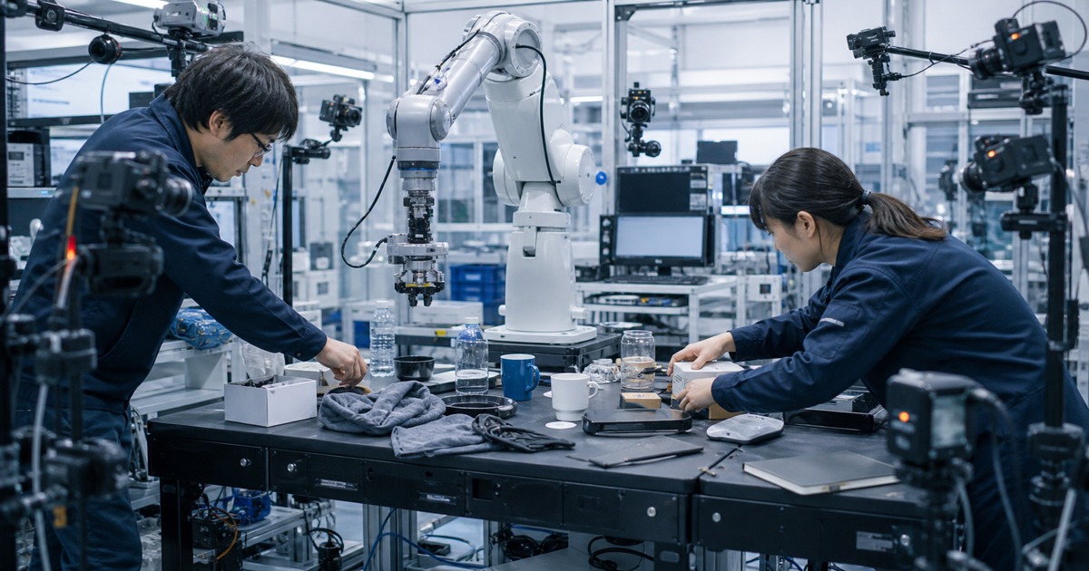 ロボットの実世界データを研究室で繰り返し収集する様子