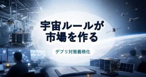 衛星コンステレーションのデブリ対策義務化が新市場を生む未来を表すアイキャッチ