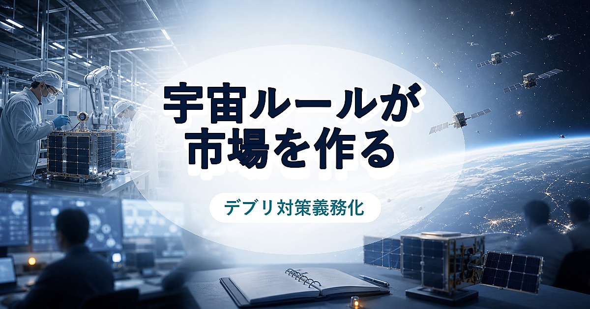 衛星コンステレーションのデブリ対策義務化が新市場を生む未来を表すアイキャッチ