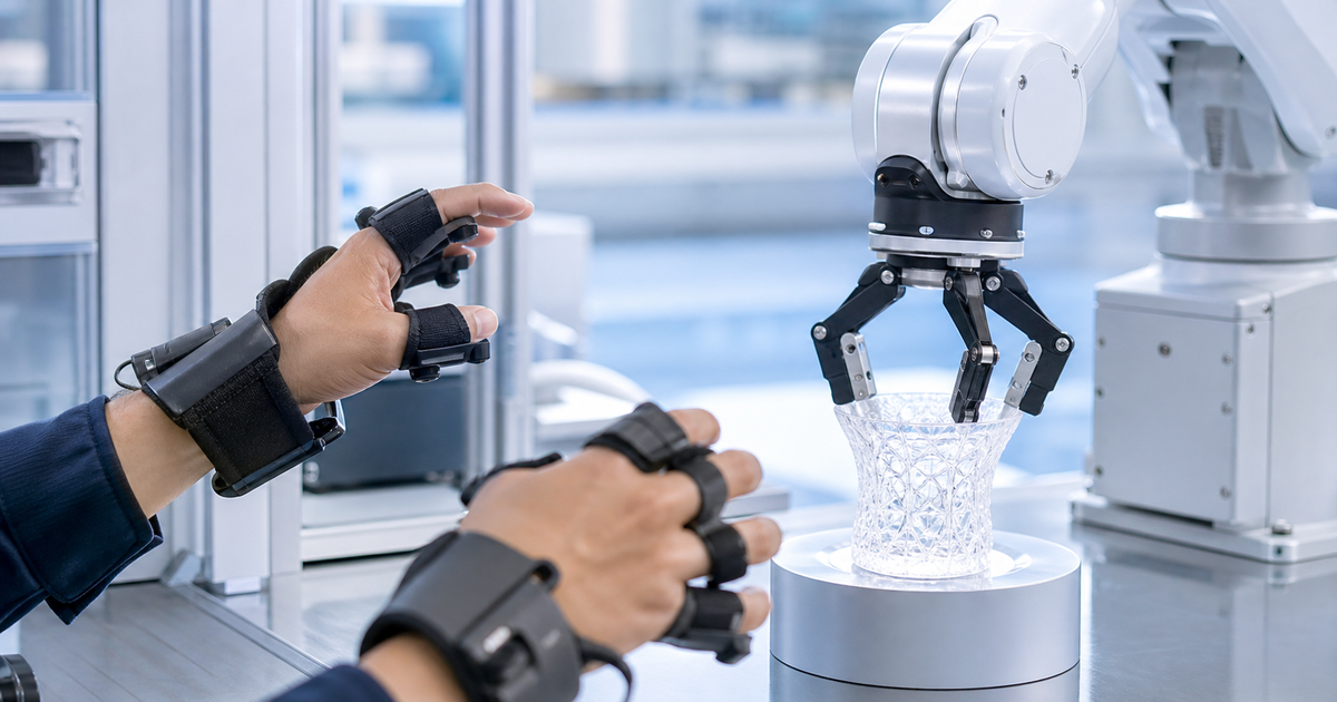 遠隔操作ロボットの操作者が触覚グローブでロボットアームを操作する写真風イメージ