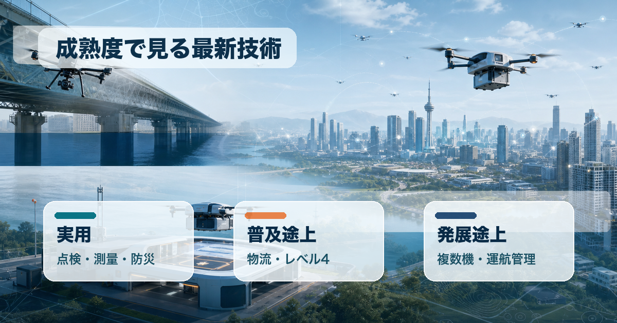 AIドローン最新技術を実用、普及途上、発展途上の成熟度で整理する説明画像